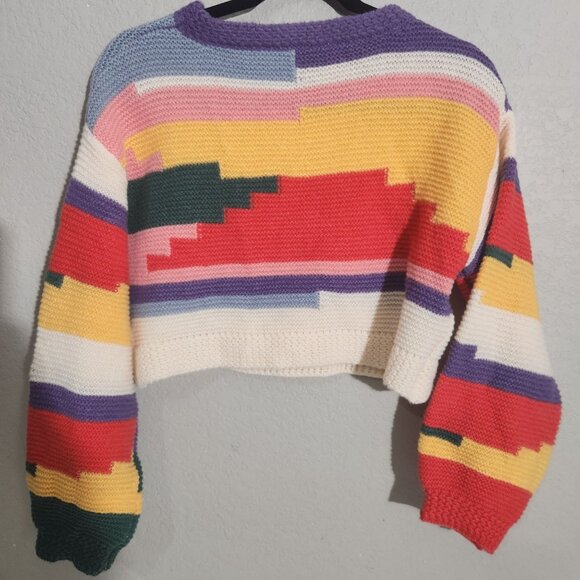 Shein Sweater Cropped Knit Pixelated Stripes Patchwork Medium Crop top - Picture 2 of 8